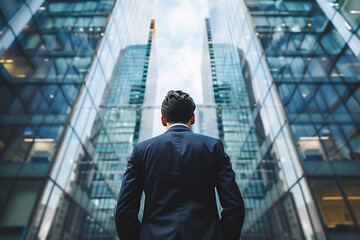 Fototapeta premium back of businessman in suit with business office glass modern buildings background for economic market stock investment