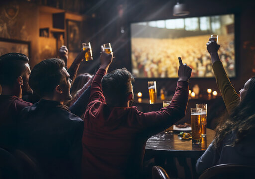 back, rear view of young male female soccer Fans watching on tv plasma sports match at the bar. Men women watch football. Friends in cafe restaurant watching sports games and drinking beer in glasses