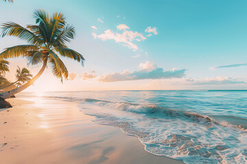 Fototapeta na wymiar Paradise beach with palm trees and calm ocean at dawn or sunset. Panoramic banner of a peaceful landscape