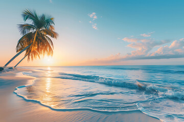 Fototapeta na wymiar Paradise beach with palm trees and calm ocean at dawn or sunset. Panoramic banner of a peaceful landscape