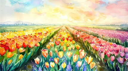 watercolor flower field landscape with rows of colorful tulips, daffodils, and hyacinths stretching to the horizon, bathed in the golden light of sunrise  