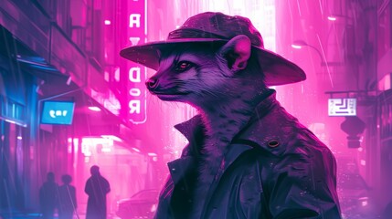 Modish mongoose in a tailored blazer, wearing a fedora hat, amidst a bustling cityscape backdrop, lit with urban neon, exuding metropolitan sophistication and style - obrazy, fototapety, plakaty