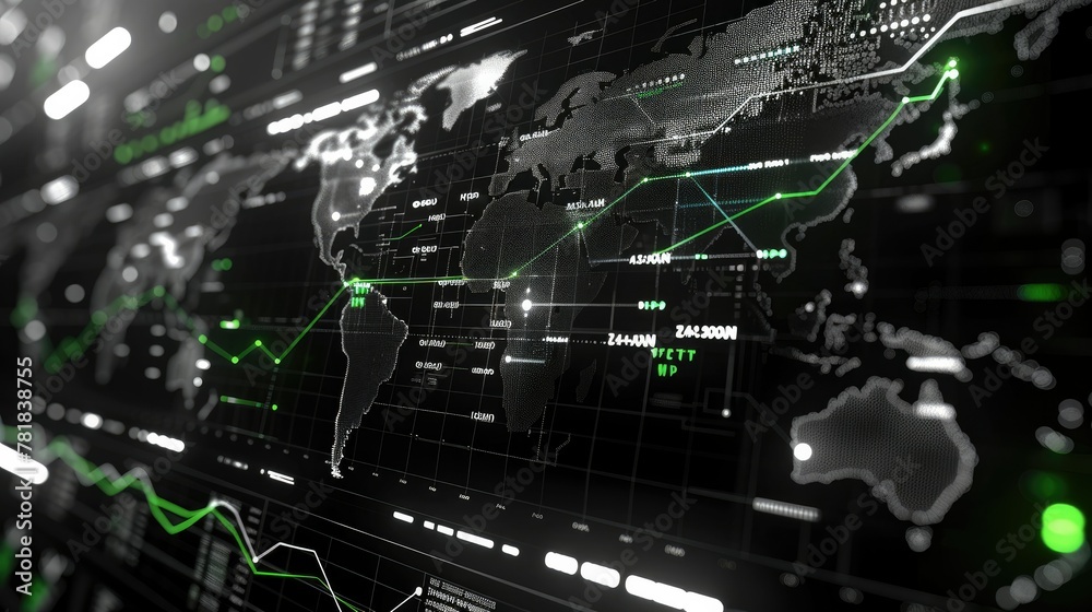 Poster A black and white digital background with charts, graphs, data points, and bar angles showing global internet traffic and a globe map with green accents. Generative AI.