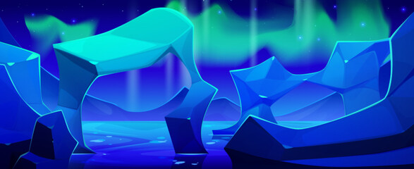 Northern aurora light. Night polar arctic borealis vector landscape. North winter and iceberg glacier abstract cartoon background. Ice arch in sea environment of Lofoten. Starry sky on fjord scene - obrazy, fototapety, plakaty