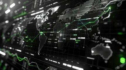 A black and white digital background with charts, graphs, data points, and bar angles showing global internet traffic and a globe map with green accents. Generative AI.