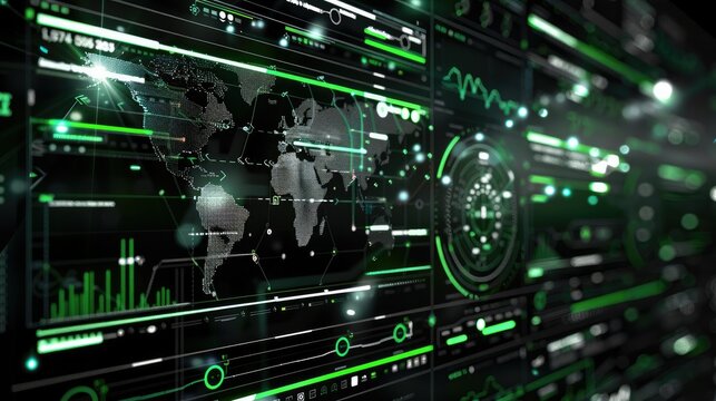A black and white digital background with charts, graphs, data points, and bar angles showing global internet traffic and a globe map with green accents. Generative AI.