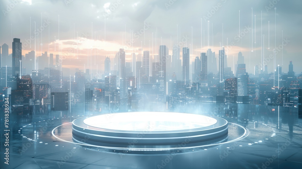 Fototapete A circular platform with data points floating above it, against the backdrop of an abstract city skyline in light blue tones. Generative AI.