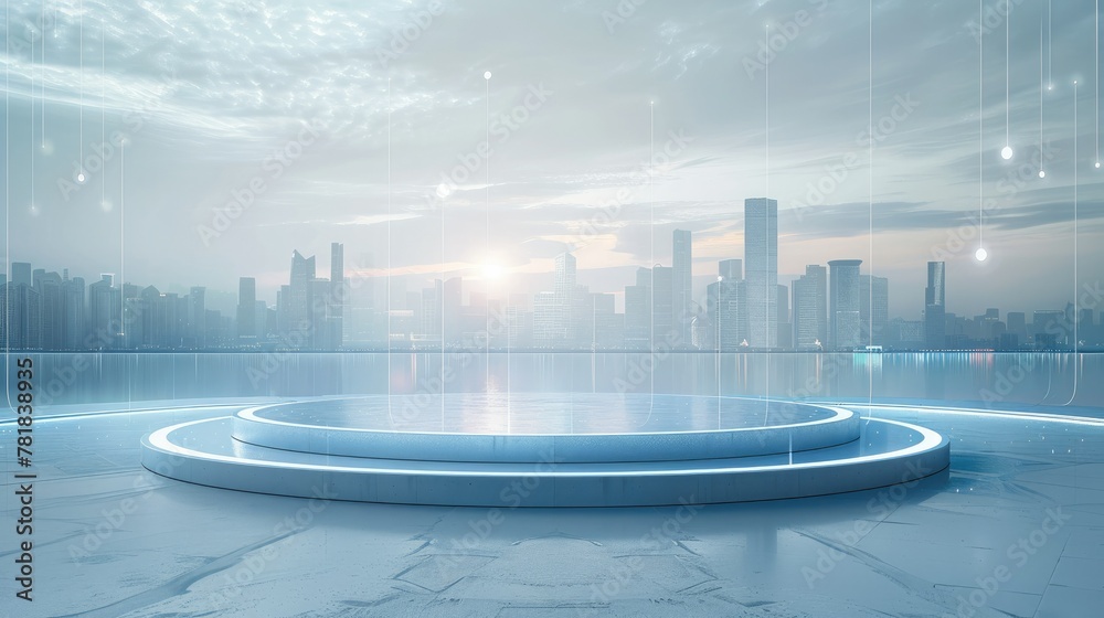 Fototapete A circular platform with data points floating above it, against the backdrop of an abstract city skyline in light blue tones. Generative AI.