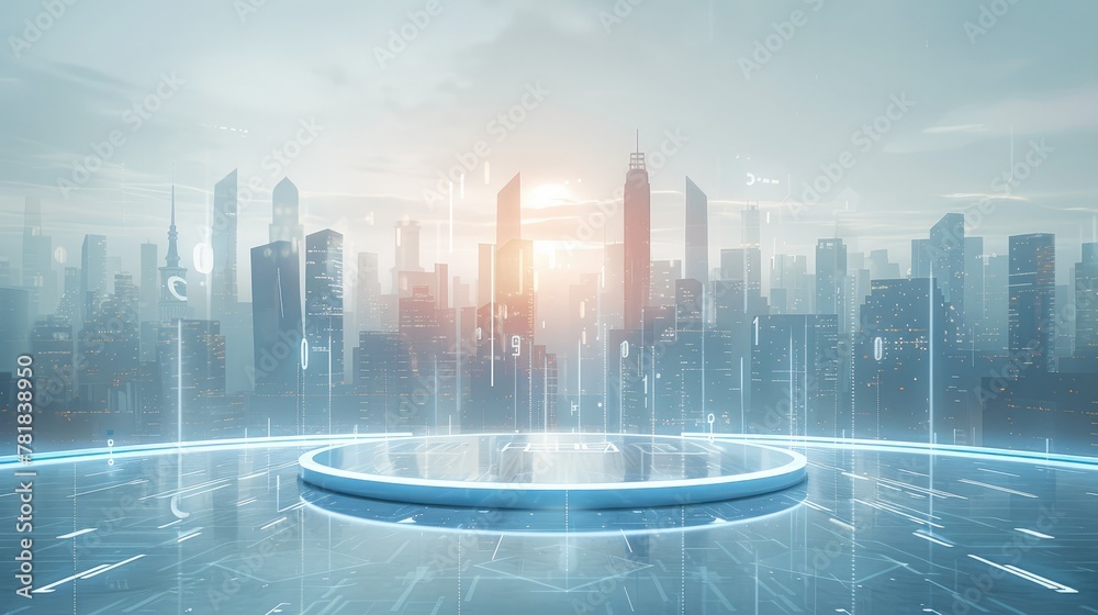 Aufkleber A circular platform with data points floating above it, against the backdrop of an abstract city skyline in light blue tones. Generative AI.