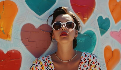 Stylish young woman with sunglasses against colorful graffiti background