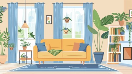 Home living room interior illustration, comfortable sofa and plants