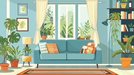 Home living room interior illustration, comfortable sofa and plants