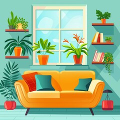 Home living room interior illustration, comfortable sofa and plants