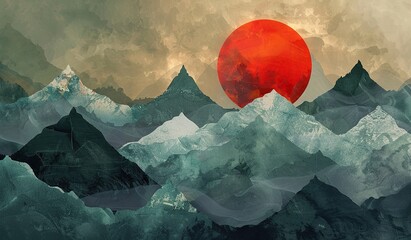 Serene mountain landscape with a radiant red sun