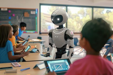 friendly AI tutor, teacher robot with a digital interface displaying educational material. classroom with schoolchildren. education, future, future technologies, robotics, artificial intelligence