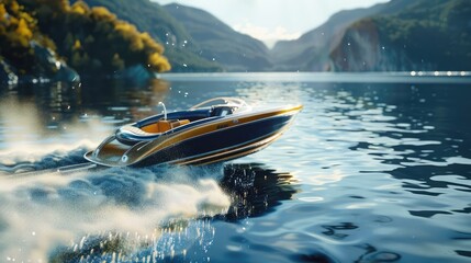 An electric-powered speedboat racing across the surface of a shimmering lake, with the wind in its...