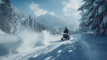 Fotobehang An electric-powered snowmobile carving through freshly fallen snow in a remote mountain valley, with pine trees lining the slopes and the air filled with the scent of pine. © Ammar