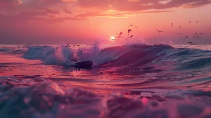 Selbstklebende Fototapeten An electric-powered surfboard carving through the waves at sunset, with the sky painted in shades of pink and orange and the sound of seagulls crying in the distance. © Ammar