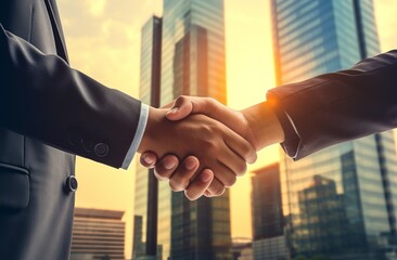 image of entrepreneurs concluding a deal with a skyscraper in the background