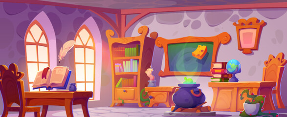 Magic school classroom interior. Vector cartoon illustration of room with old wooden bookcase, vintage desk and chair, ancient spell book and feather in air, green potion boiling in cauldron, candle - obrazy, fototapety, plakaty