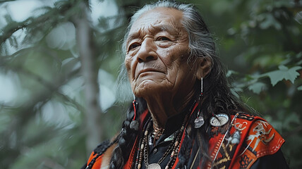 Stoic Portrait of Native American Man in Ceremonial Garb

