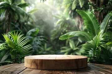 Obraz premium Forest green jungle leaf nature Wood podium 3d for beautiful display beauty product mock up for cosmetic or product Promotion advertising banner Luxury