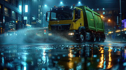 A huge green street sweeper in action cleaning a road at night. Generative AI.