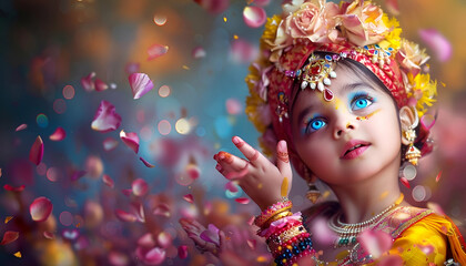 A young child adorned in elaborate Indian traditional clothing and jewelry, featuring intricate details and vibrant colors