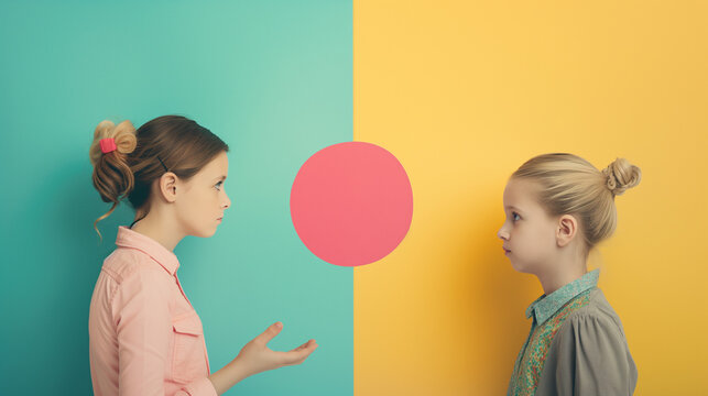 Eltern mit Kind in Erziehungsfragen und Verbote f&uuml;r Kinder Isoliert Platz f&uuml;r Text vor einfarbigen Hintergrund Generative AI