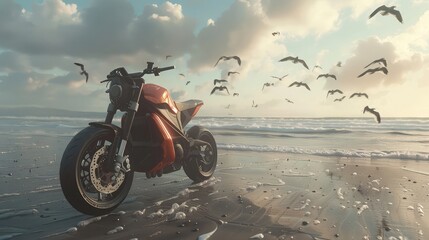 An electric motorcycle parked on a deserted stretch of beach, with waves crashing against the shore...