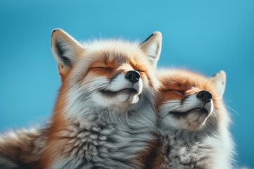 Cute fox couple with happy expression lying together.Concept of love, Valentines Day. For banner, poster.