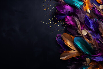 Colorful feather on black background with copy space. Carnival banner template