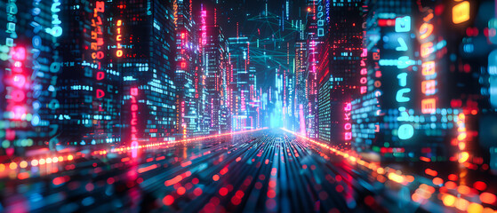 Obraz premium Speeding Through the Digital City, Futuristic Network Connections, Urban Technology in Motion