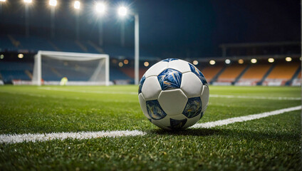 Fototapeta premium view of a pristine white line on a soccer pitch with a soccer ball under the glistening lights of the stadium