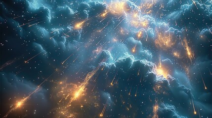 A depicting meteor showers falling from a starry sky. Light penetrates the darkness, creating fascinating celestial wonders. Generative AI. - obrazy, fototapety, plakaty