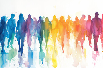Multicolored watercolor silhouettes of people on white background. The concept of diversity