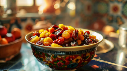 Bowl of assorted dried fruits with focus on dates, showcasing vibrant colors and healthy snack options