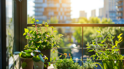 Sunlit balcony garden with a diverse mix of potted plants, creating an urban oasis