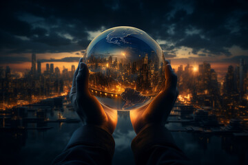 Crystal globe cityscape at twilight