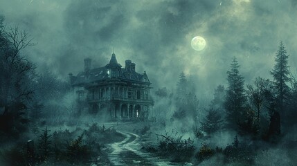 Explore the eerie halls of a haunted mansion where ghostly apparitions and secret passageways lurk around every corner - obrazy, fototapety, plakaty