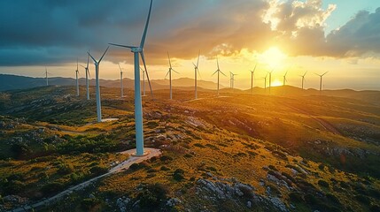 Capture the beauty of renewable energy in a realistic photo of a wind farm stretching across a rural landscape with rows of towering wind turbines generating clean