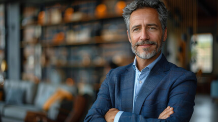 Happy mid aged business man ceo standing in office arms crossed. Smiling mature confident professional executive manager, proud lawyer, confident businessman leader wearing blue suit, portrait.