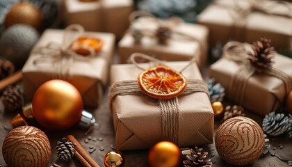 Wood table filled with sweet Christmas desserts in brown paper