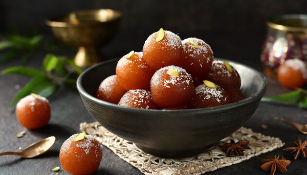 Bowl of gulab jamun sweet.	
