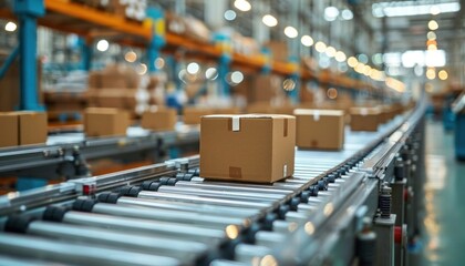 Conveyor belt in factory with cardboard boxes for mass production