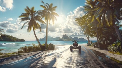 An electric tricycle cruising along a scenic coastal road, with palm trees swaying in the breeze and the sun sparkling on the water.