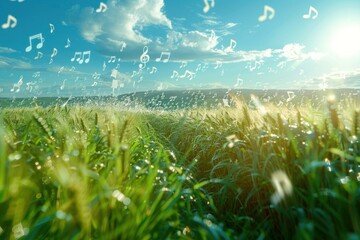 A field of wheat with musical notes floating in the sky