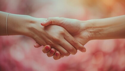 Two females shaking hands with pink backdrop, human body gesture