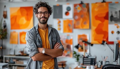 Fototapeta premium An artist with a beard is standing in a room with his arms crossed