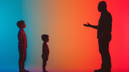 Eltern mit Kind in Erziehungsfragen und Verbote für Kinder Isoliert Platz für Text vor einfarbigen Hintergrund Generative AI